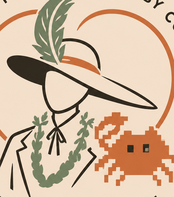 A member of Afficionadas in full plumage — feathered hat and garland — beside the pixel companion, Claude.